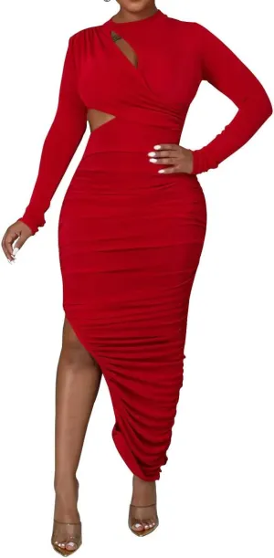 Women's Sexy Ruched Long Sleeve Bodycon Dress Cut Out Solid Color Basic Fitted Elegant Midi Dresses
