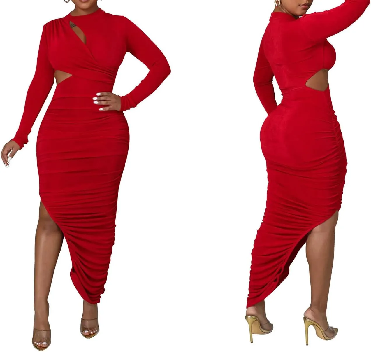 Women's Sexy Ruched Long Sleeve Bodycon Dress Cut Out Solid Color Basic Fitted Elegant Midi Dresses