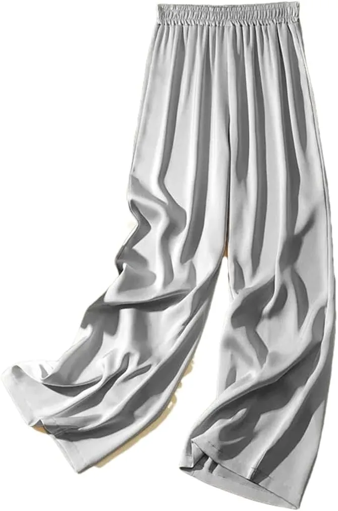 Women's Silky Wide Leg Pants High Waist Straight Casual Solid Satin Dance Trouser