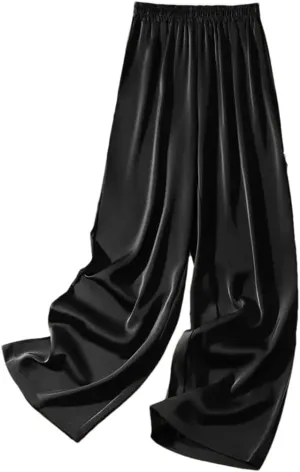 Women's Silky Wide Leg Pants High Waist Straight Casual Solid Satin Dance Trouser