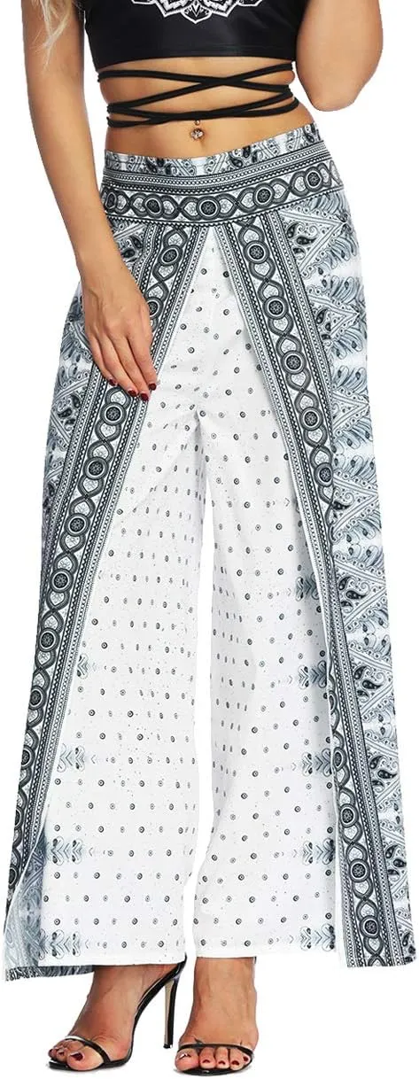 Womens Slit Wide Leg Pants Causal Hippie Bohemian Summer Beach Boho Yoga Pants