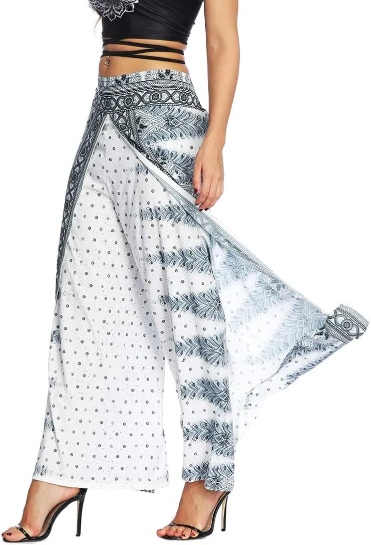 Womens Slit Wide Leg Pants Causal Hippie Bohemian Summer Beach Boho Yoga Pants