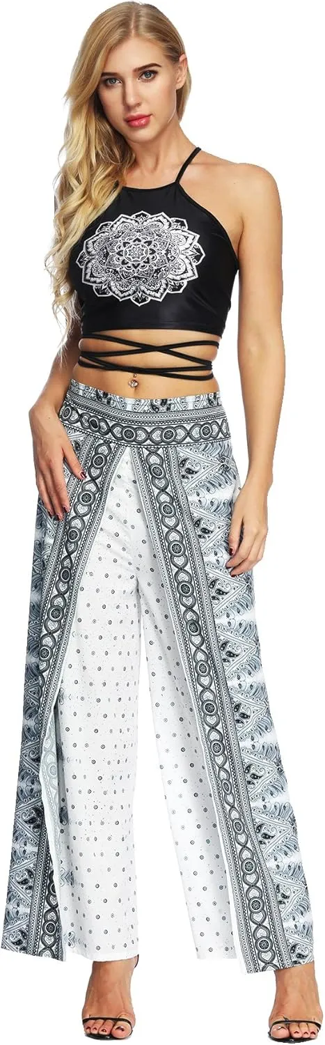 Womens Slit Wide Leg Pants Causal Hippie Bohemian Summer Beach Boho Yoga Pants