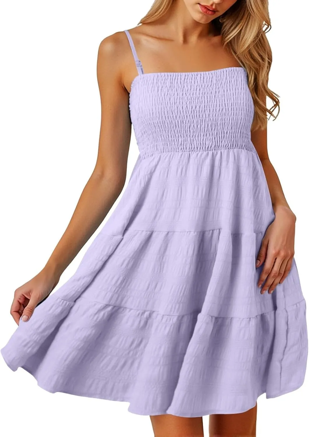 Women's Smocked Tiered Ruffle Cami Mini Dress Spaghetti Strap A Line Flowy Short Dress Casual Cute Summer Dresses