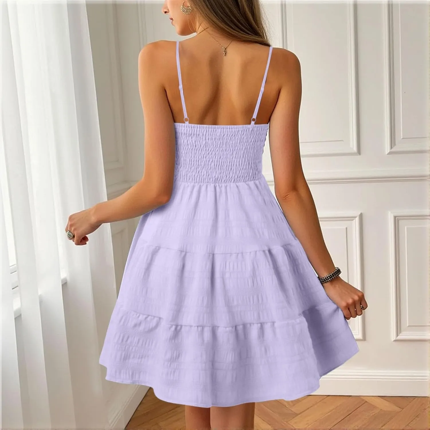 Women's Smocked Tiered Ruffle Cami Mini Dress Spaghetti Strap A Line Flowy Short Dress Casual Cute Summer Dresses
