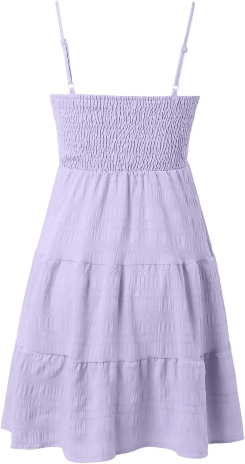 Women's Smocked Tiered Ruffle Cami Mini Dress Spaghetti Strap A Line Flowy Short Dress Casual Cute Summer Dresses