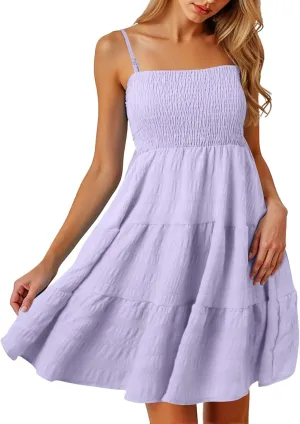 Women's Smocked Tiered Ruffle Cami Mini Dress Spaghetti Strap A Line Flowy Short Dress Casual Cute Summer Dresses