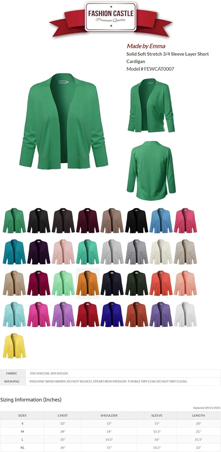 Women's Solid Open Front Soft Stretch 3/4 Sleeve Layer Short Cardigan