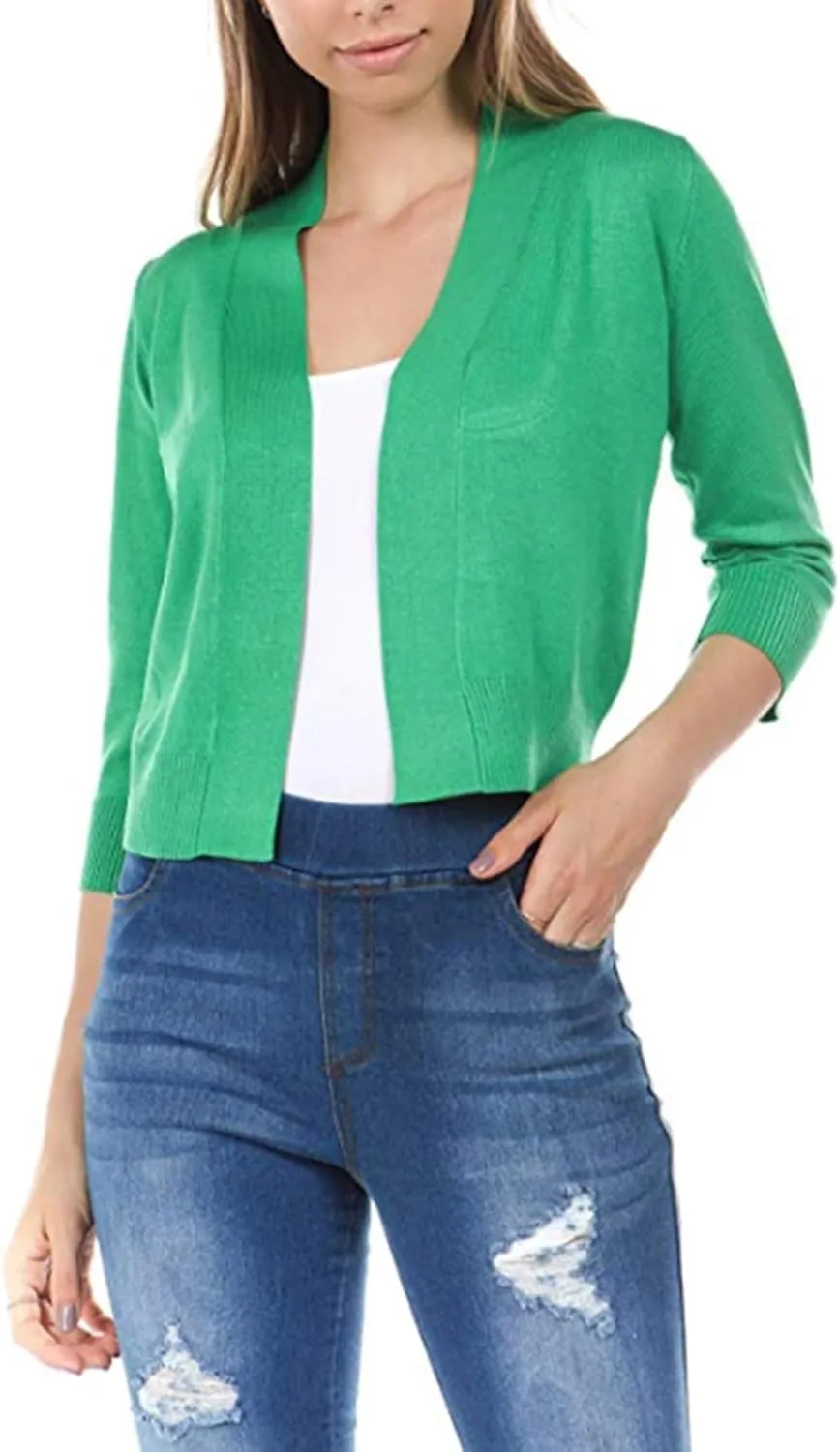 Women's Solid Open Front Soft Stretch 3/4 Sleeve Layer Short Cardigan