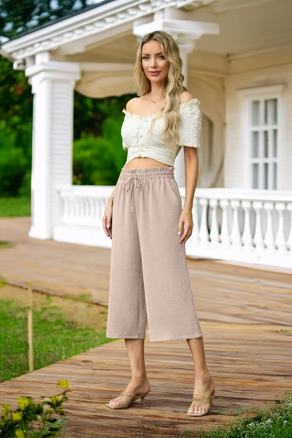 Womens Summer 3/4 Pants Flowy High Waisted Loose Casual Lounge Pant Wide Leg Palazzo Capris Adjustable with Pockets