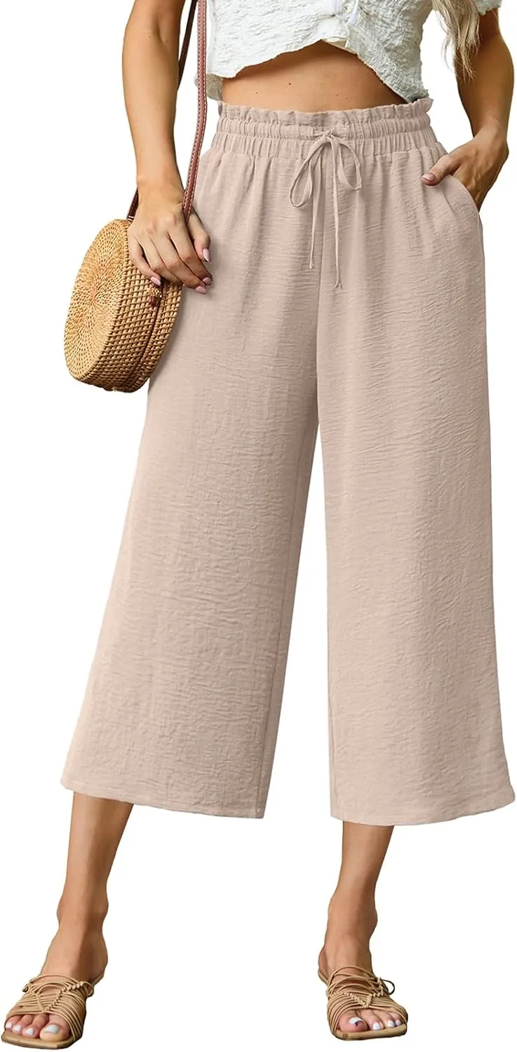 Womens Summer 3/4 Pants Flowy High Waisted Loose Casual Lounge Pant Wide Leg Palazzo Capris Adjustable with Pockets
