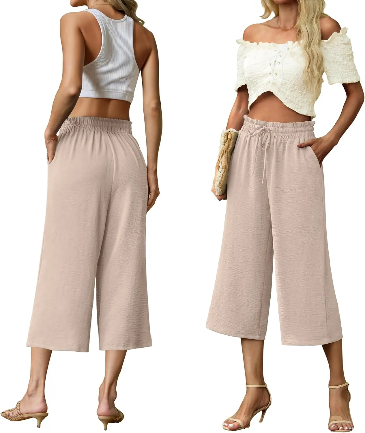 Womens Summer 3/4 Pants Flowy High Waisted Loose Casual Lounge Pant Wide Leg Palazzo Capris Adjustable with Pockets