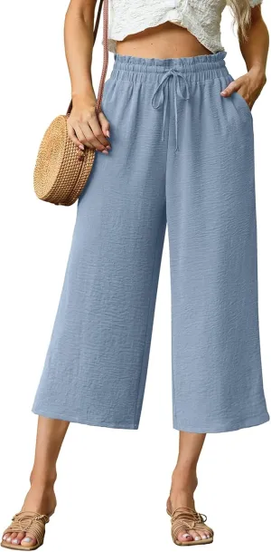 Womens Summer 3/4 Pants Flowy High Waisted Loose Casual Lounge Pant Wide Leg Palazzo Capris Adjustable with Pockets