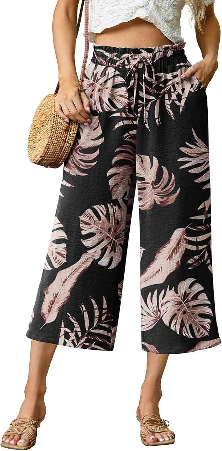 Womens Summer 3/4 Pants Flowy High Waisted Loose Casual Lounge Pant Wide Leg Palazzo Capris Adjustable with Pockets