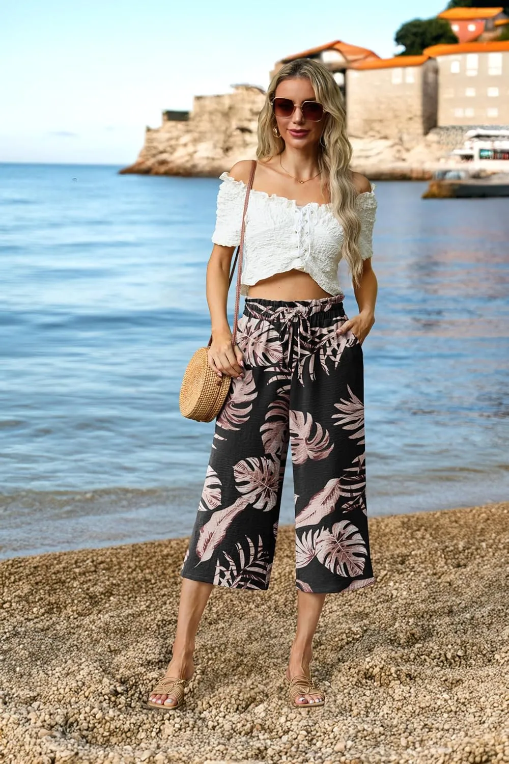 Womens Summer 3/4 Pants Flowy High Waisted Loose Casual Lounge Pant Wide Leg Palazzo Capris Adjustable with Pockets