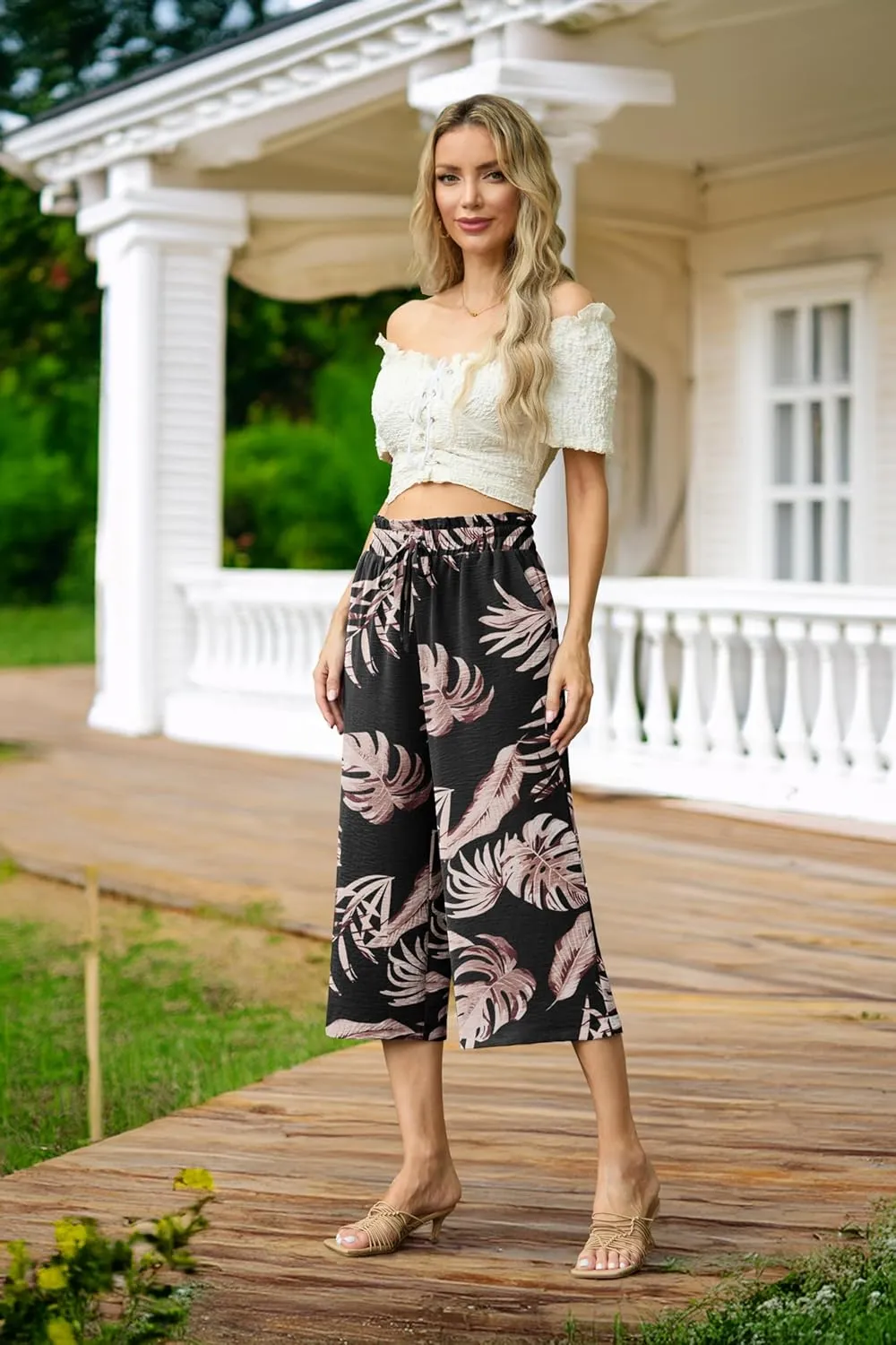 Womens Summer 3/4 Pants Flowy High Waisted Loose Casual Lounge Pant Wide Leg Palazzo Capris Adjustable with Pockets