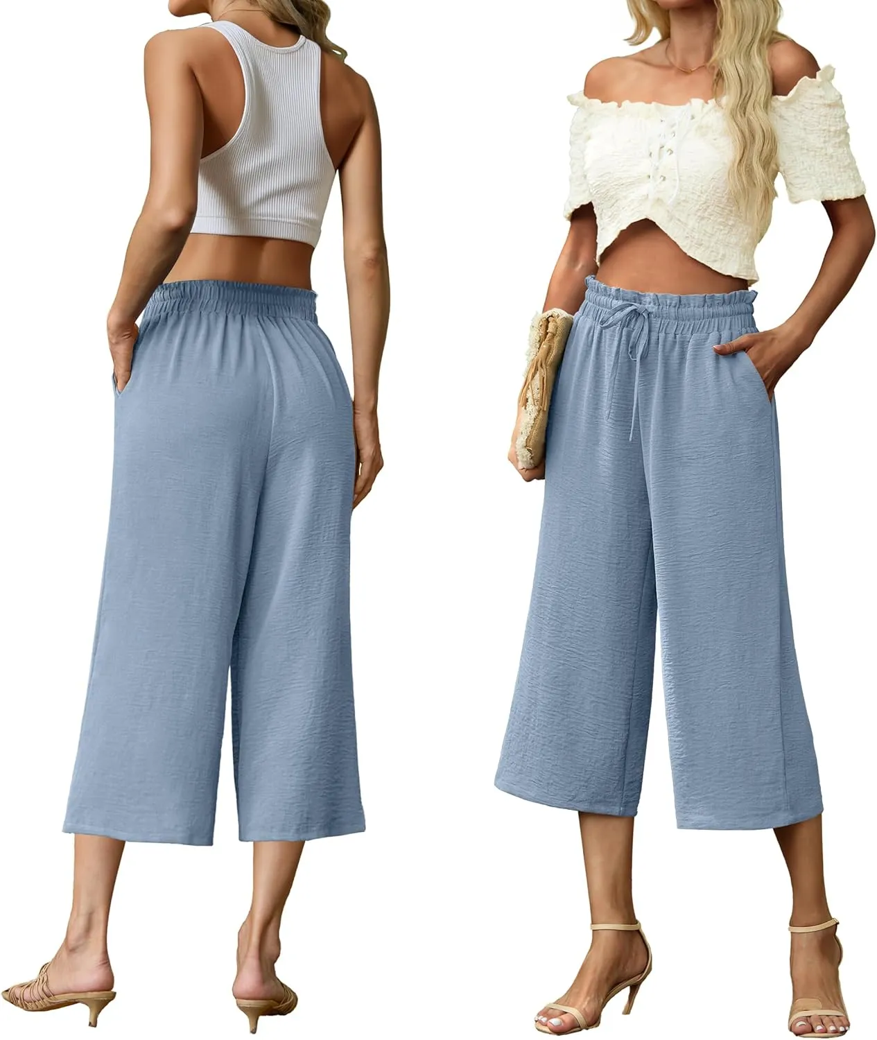 Womens Summer 3/4 Pants Flowy High Waisted Loose Casual Lounge Pant Wide Leg Palazzo Capris Adjustable with Pockets
