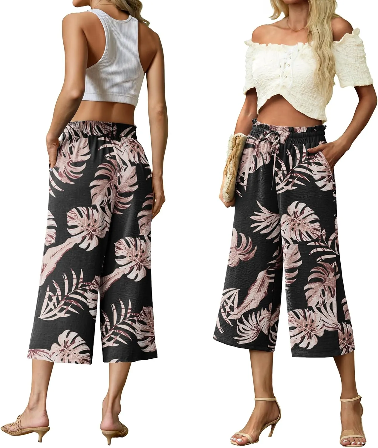 Womens Summer 3/4 Pants Flowy High Waisted Loose Casual Lounge Pant Wide Leg Palazzo Capris Adjustable with Pockets