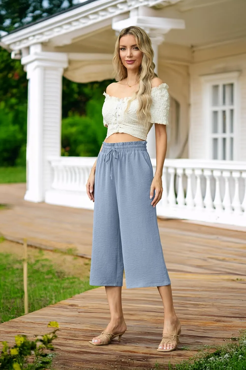Womens Summer 3/4 Pants Flowy High Waisted Loose Casual Lounge Pant Wide Leg Palazzo Capris Adjustable with Pockets