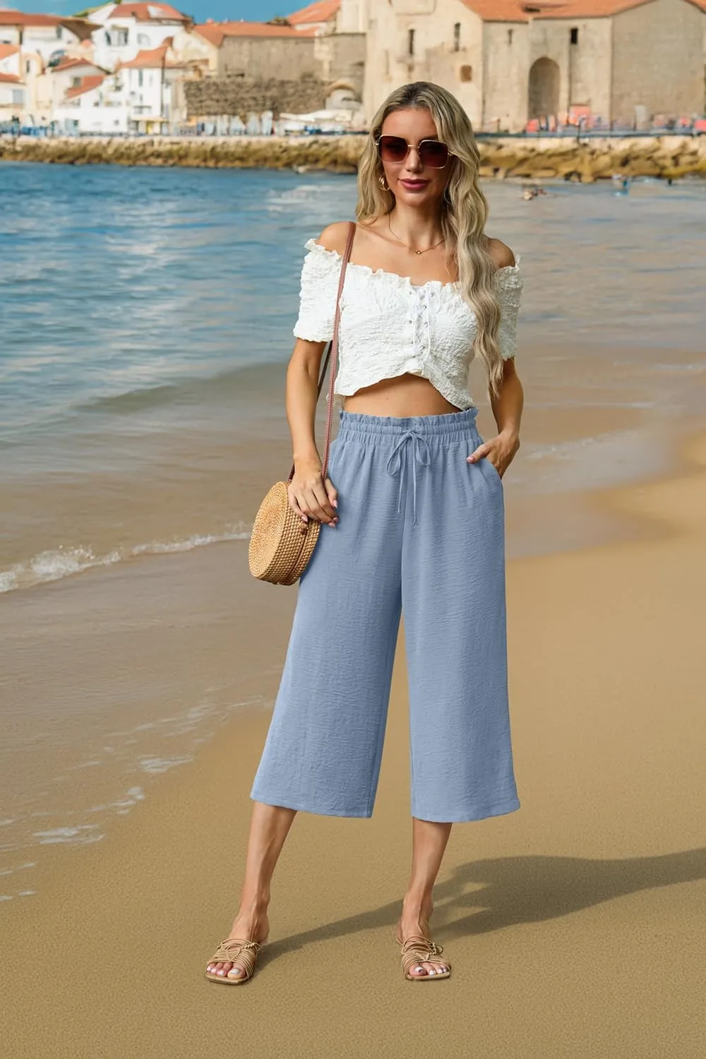 Womens Summer 3/4 Pants Flowy High Waisted Loose Casual Lounge Pant Wide Leg Palazzo Capris Adjustable with Pockets