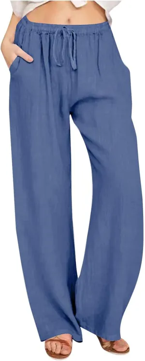 Womens Summer Cotton Pants Dressy Casual High Waisted Drawstring Lounge Trousers Loose Wide Legged Flwoy Beach Pant