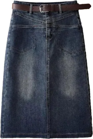 Women's Summer Hip-Covering Midi Denim Skirt High Waist A Line Streetwear Casual Jean Short Skirt