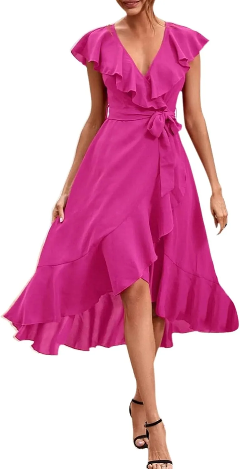 Women's Summer Wrapped Long Skirt Casual Subdeep V Neck Short Sleeve Frilly Split Beach Long Dress Womens Dresses