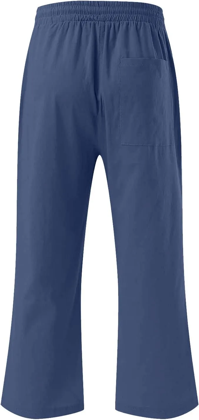 Womens Wide Leg Capris Casual Summer Elastic High Waist Cotton Linen Carpi Pants Loose Comfy Cropped Lounge Trousers