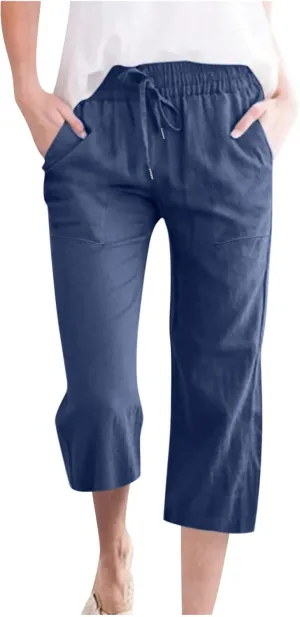 Womens Wide Leg Capris Casual Summer Elastic High Waist Cotton Linen Carpi Pants Loose Comfy Cropped Lounge Trousers