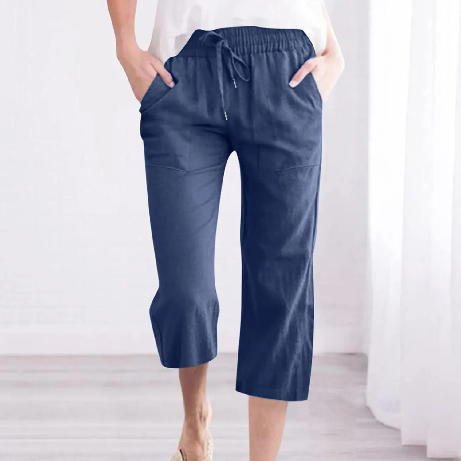 Womens Wide Leg Capris Casual Summer Elastic High Waist Cotton Linen Carpi Pants Loose Comfy Cropped Lounge Trousers