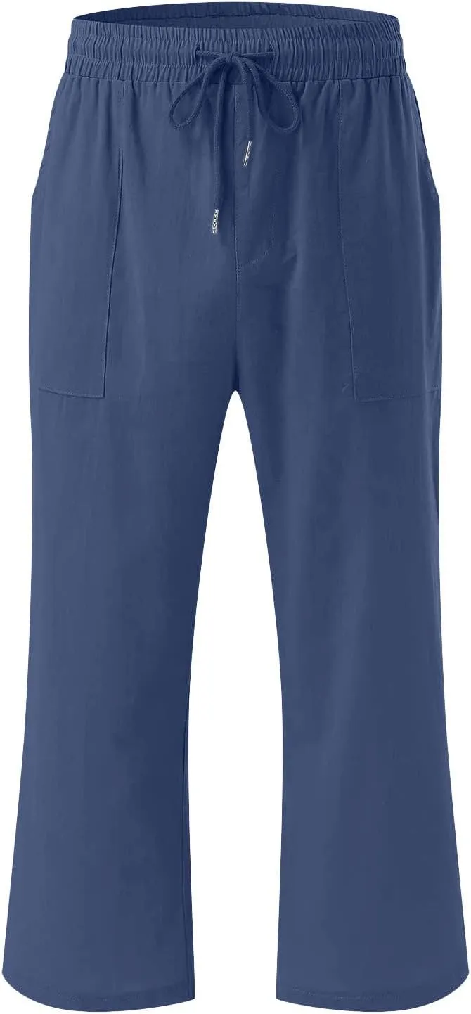 Womens Wide Leg Capris Casual Summer Elastic High Waist Cotton Linen Carpi Pants Loose Comfy Cropped Lounge Trousers