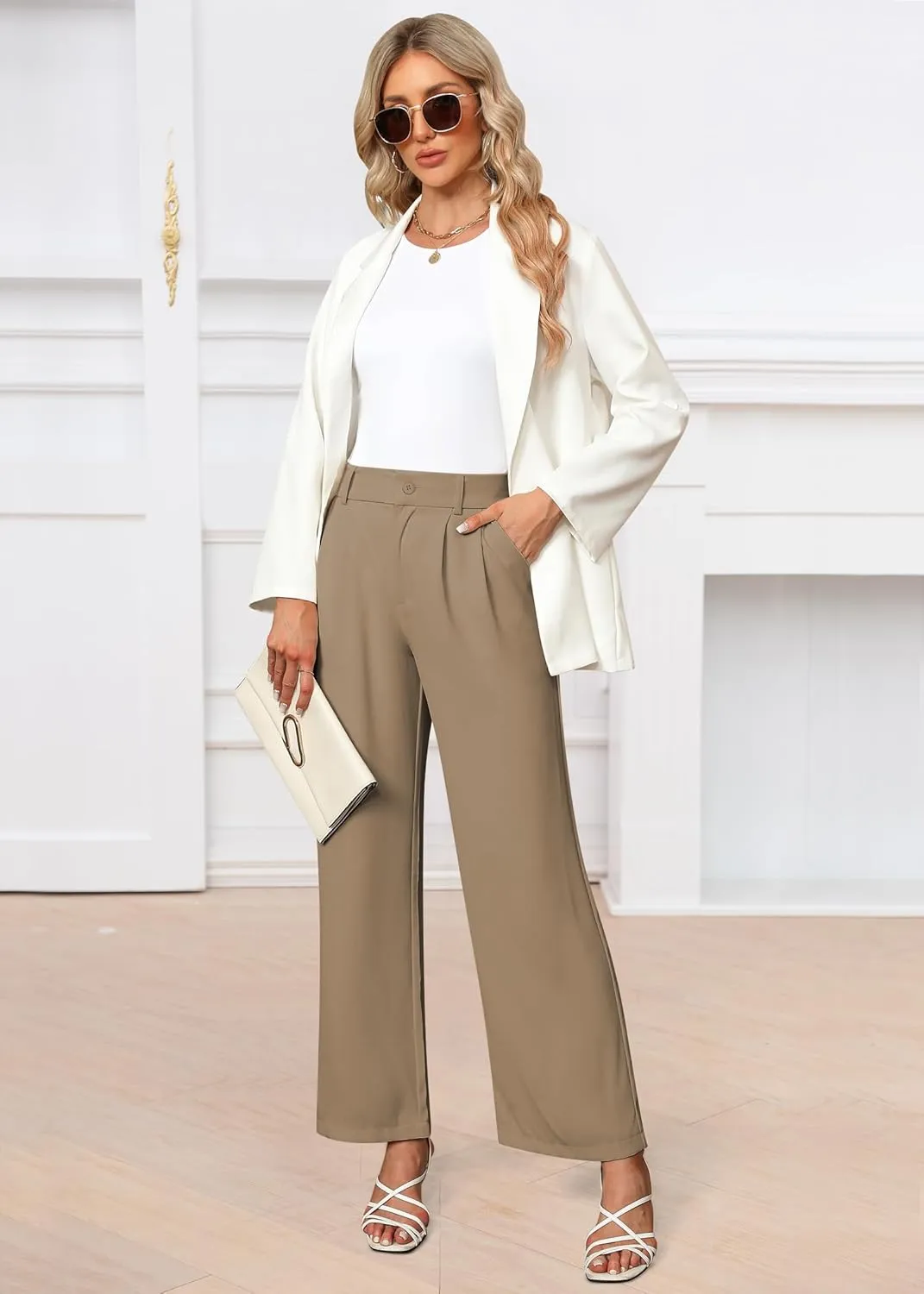 Womens Wide Leg Pants High Waisted Business Casual Summer Dress Pants Palazzo Long Work Trousers with Pockets
