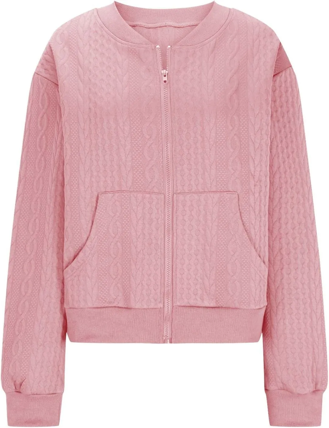 Women's Zip Up Cardigan Sweater Cable Knit Jacket Long Sleeve Sweatshirt Solid Loose Comfy Outwear Coat with Pockets