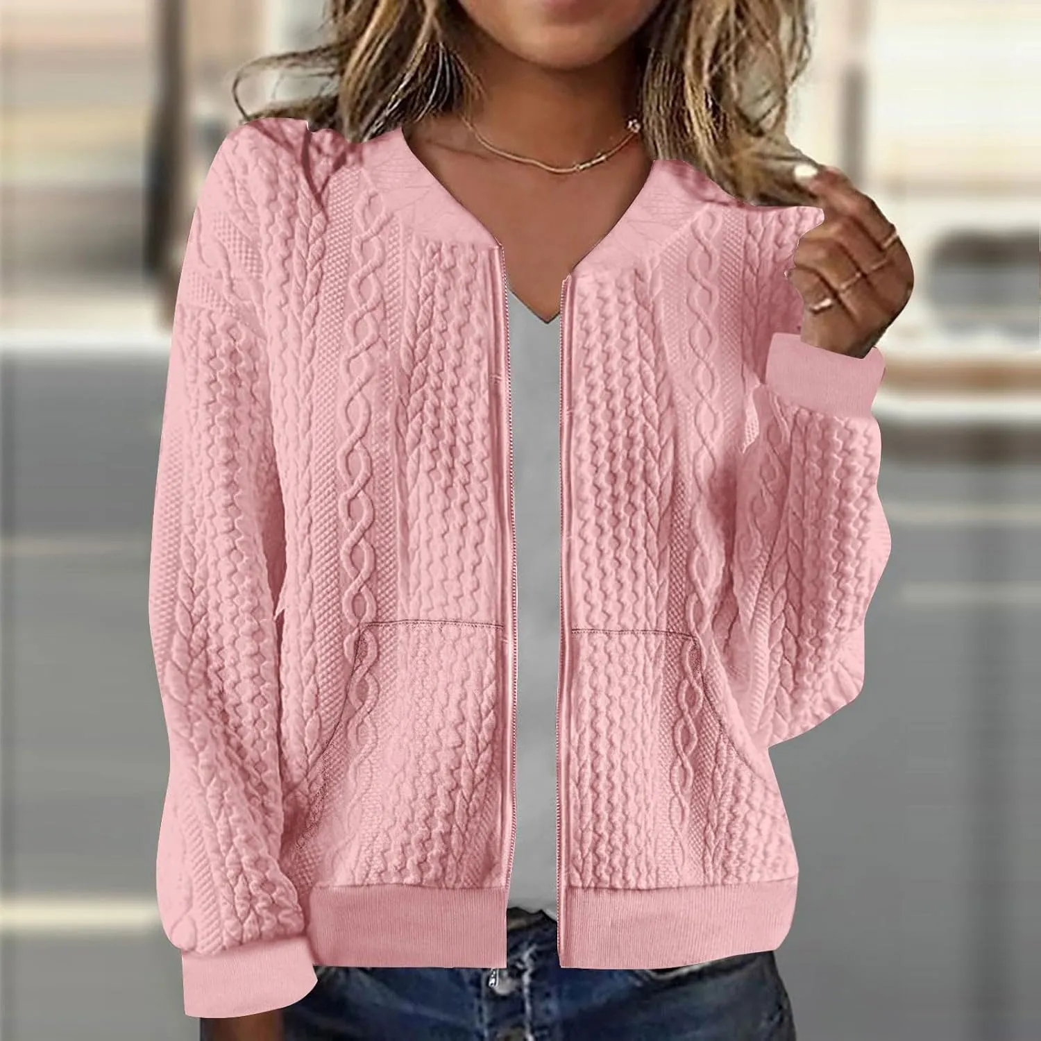 Women's Zip Up Cardigan Sweater Cable Knit Jacket Long Sleeve Sweatshirt Solid Loose Comfy Outwear Coat with Pockets