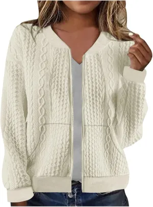 Women's Zip Up Cardigan Sweater Cable Knit Jacket Long Sleeve Sweatshirt Solid Loose Comfy Outwear Coat with Pockets