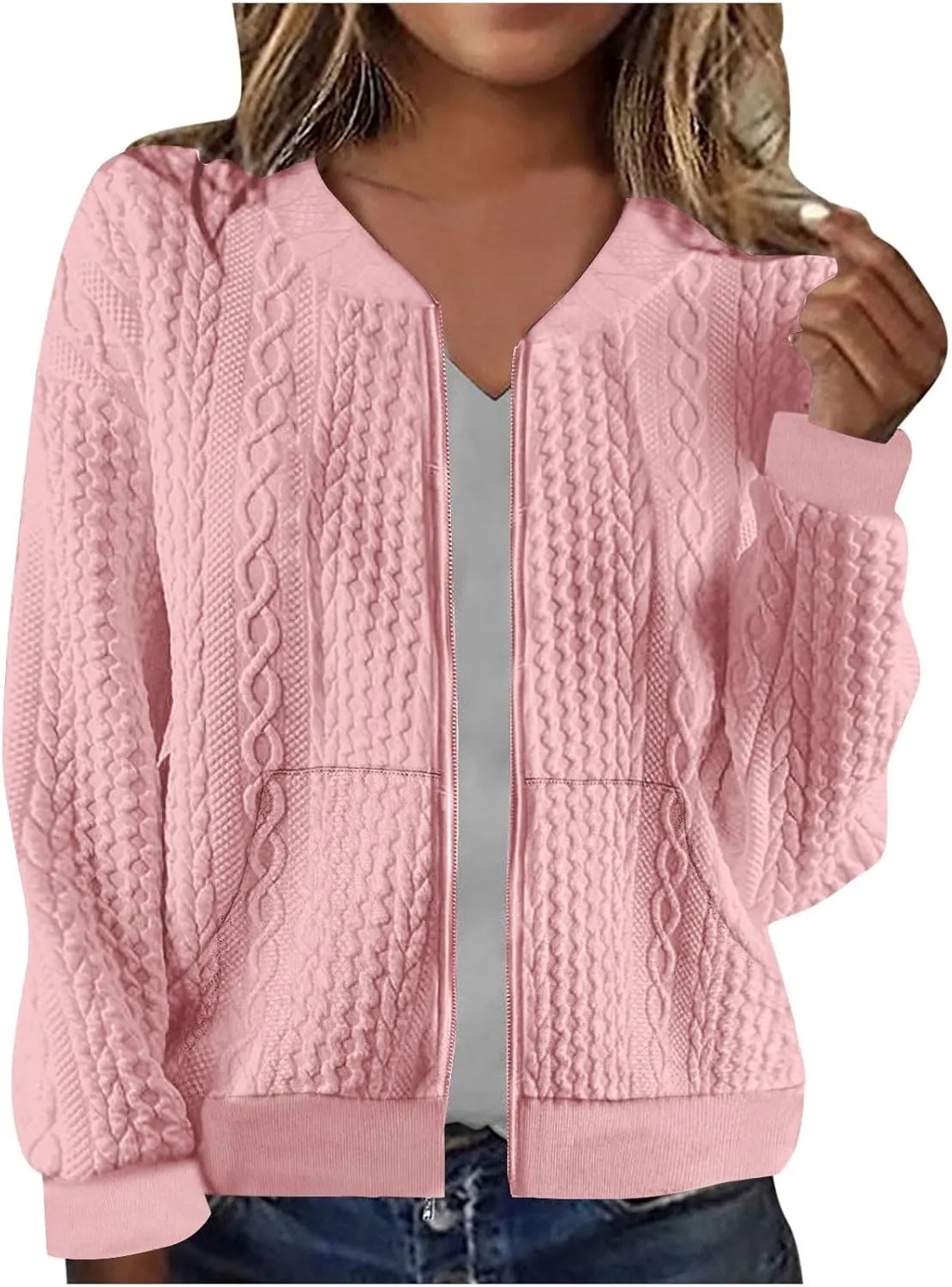 Women's Zip Up Cardigan Sweater Cable Knit Jacket Long Sleeve Sweatshirt Solid Loose Comfy Outwear Coat with Pockets