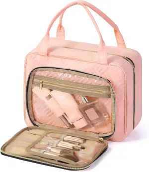 WOOMADA Toiletry Bag with Hanging Hook, Travel Toiletry Bag, Large Travel Cosmetic Organizer, Makeup Brush Compartment, Full Sized Container for Women(Light Pink)