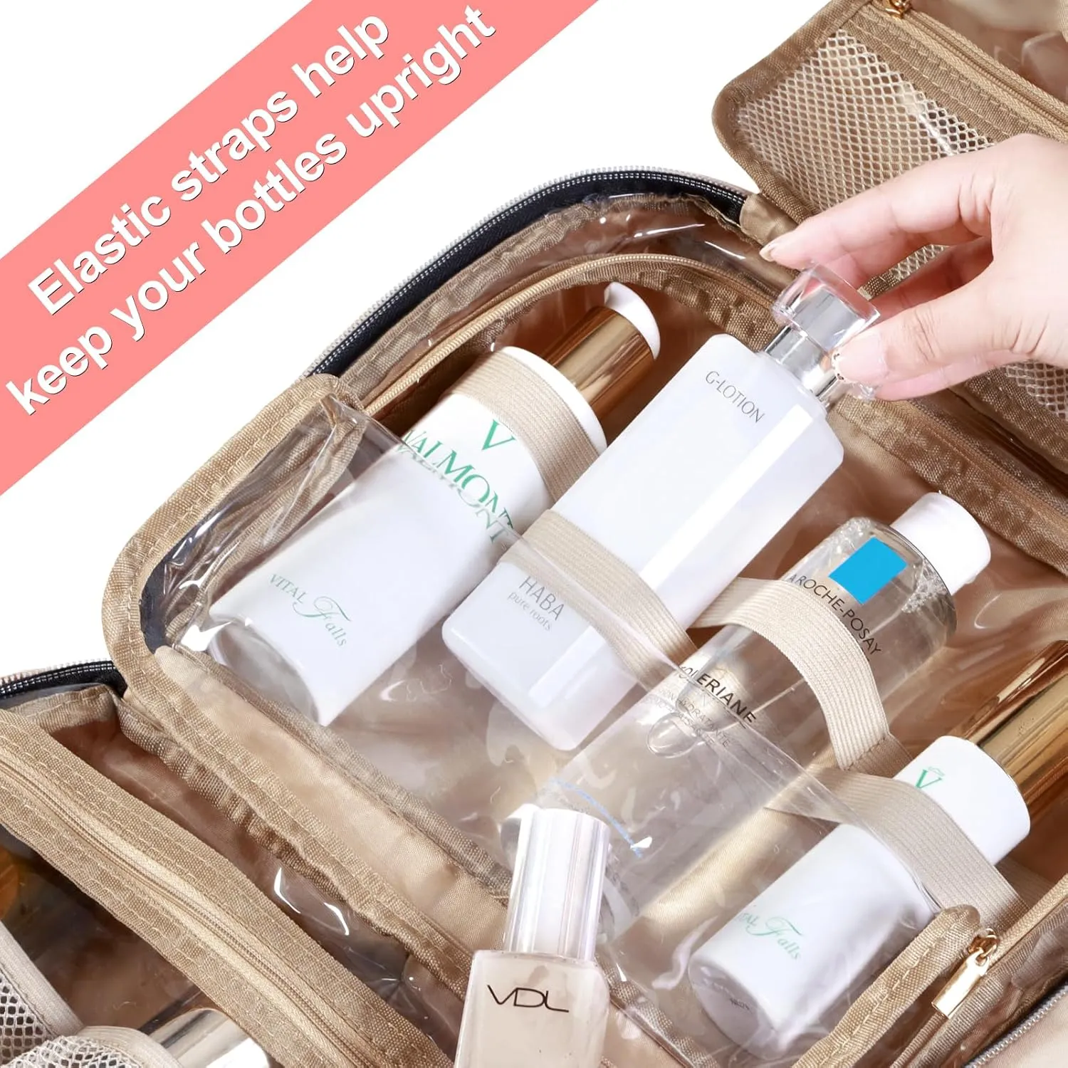 WOOMADA Toiletry Bag with Hanging Hook, Travel Toiletry Bag, Large Travel Cosmetic Organizer, Makeup Brush Compartment, Full Sized Container for Women(Light Pink)