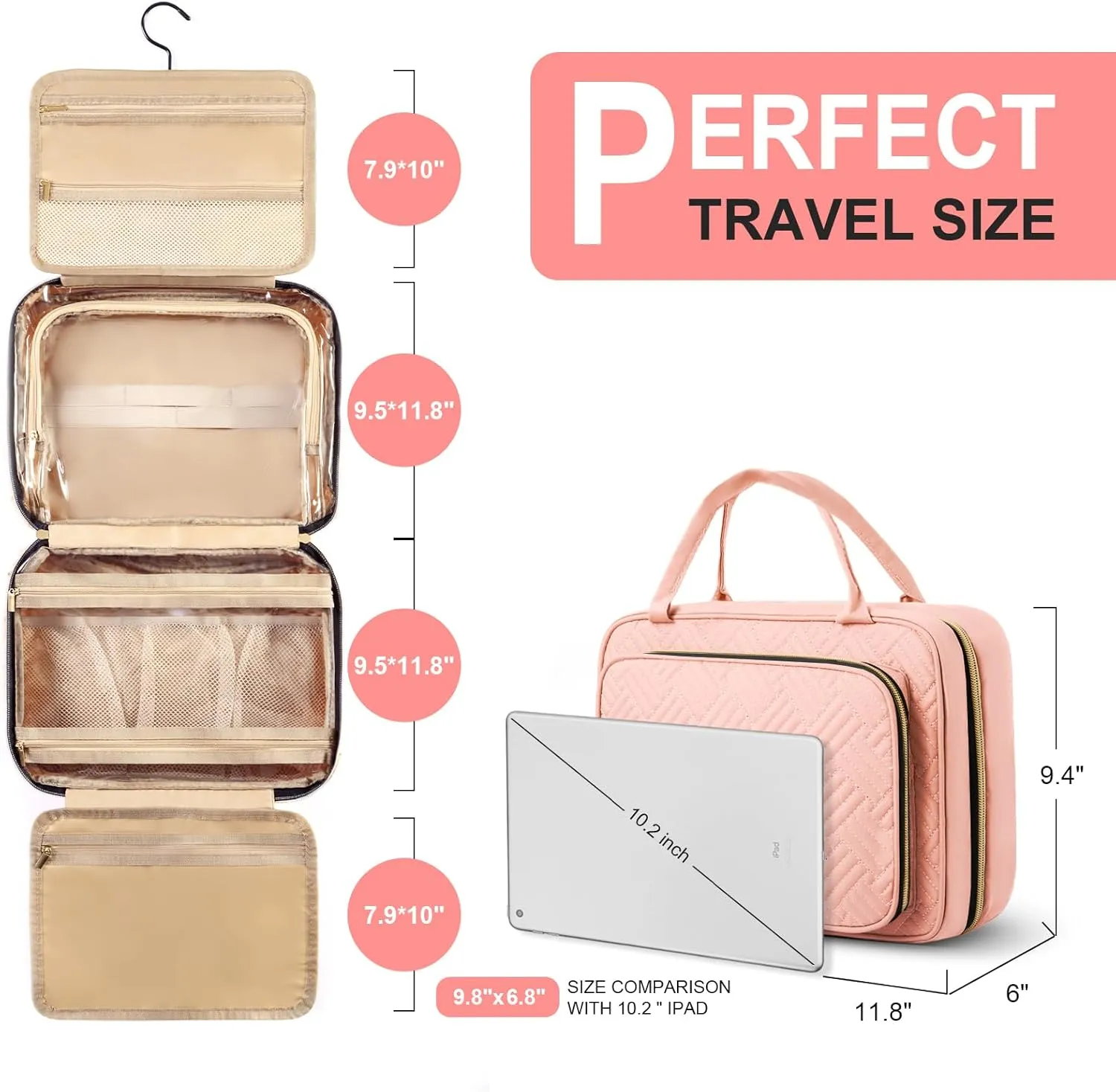 WOOMADA Toiletry Bag with Hanging Hook, Travel Toiletry Bag, Large Travel Cosmetic Organizer, Makeup Brush Compartment, Full Sized Container for Women(Light Pink)