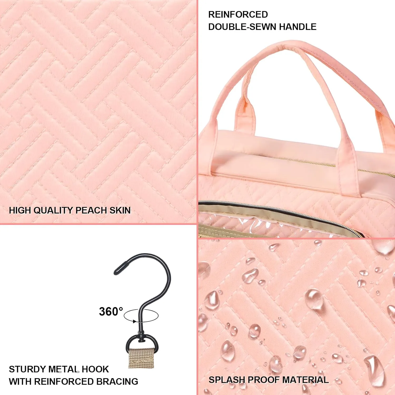 WOOMADA Toiletry Bag with Hanging Hook, Travel Toiletry Bag, Large Travel Cosmetic Organizer, Makeup Brush Compartment, Full Sized Container for Women(Light Pink)