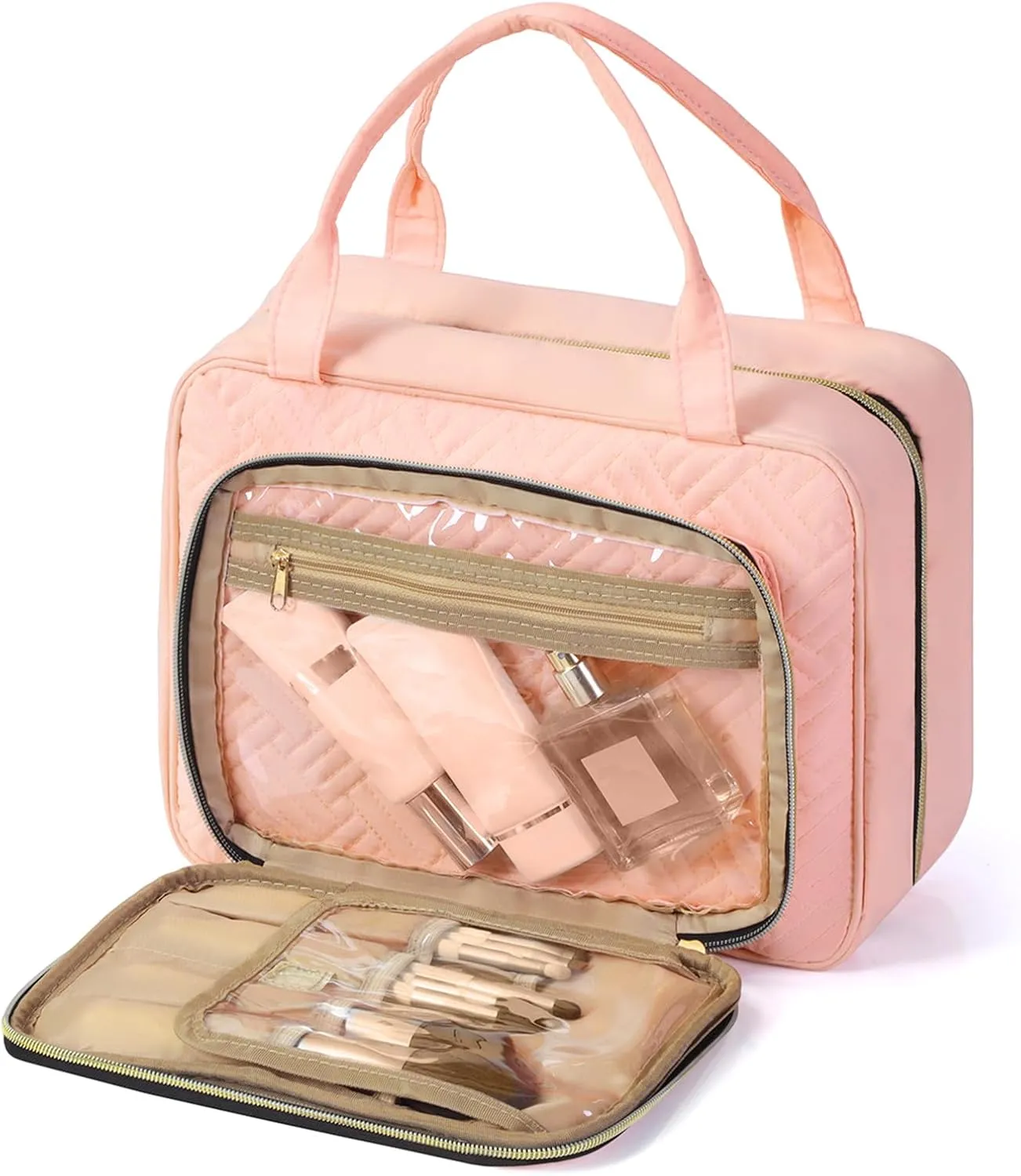 WOOMADA Toiletry Bag with Hanging Hook, Travel Toiletry Bag, Large Travel Cosmetic Organizer, Makeup Brush Compartment, Full Sized Container for Women(Light Pink)