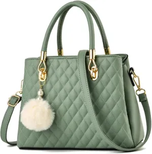 Xehuro Womens Minimalist Leather Handbag Shoulder Bag Satchel Bag Diamond Pattern Top Handle Bag for Women with Pompom