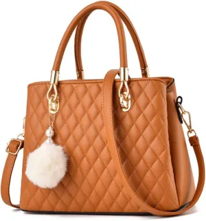 Xehuro Womens Minimalist Leather Handbag Shoulder Bag Satchel Bag Diamond Pattern Top Handle Bag for Women with Pompom