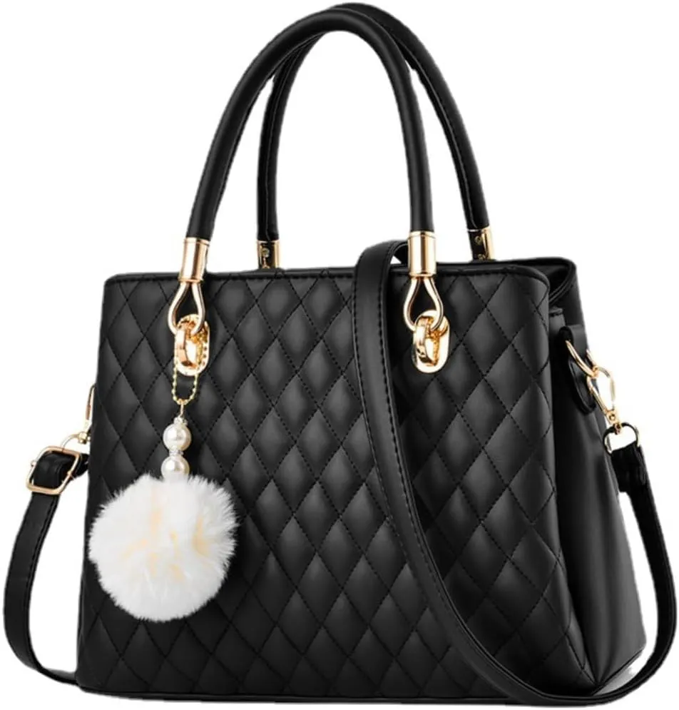 Xehuro Womens Minimalist Leather Handbag Shoulder Bag Satchel Bag Diamond Pattern Top Handle Bag for Women with Pompom