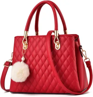Xehuro Womens Minimalist Leather Handbag Shoulder Bag Satchel Bag Diamond Pattern Top Handle Bag for Women with Pompom