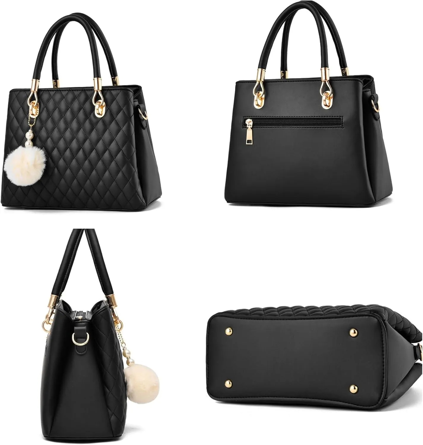 Xehuro Womens Minimalist Leather Handbag Shoulder Bag Satchel Bag Diamond Pattern Top Handle Bag for Women with Pompom
