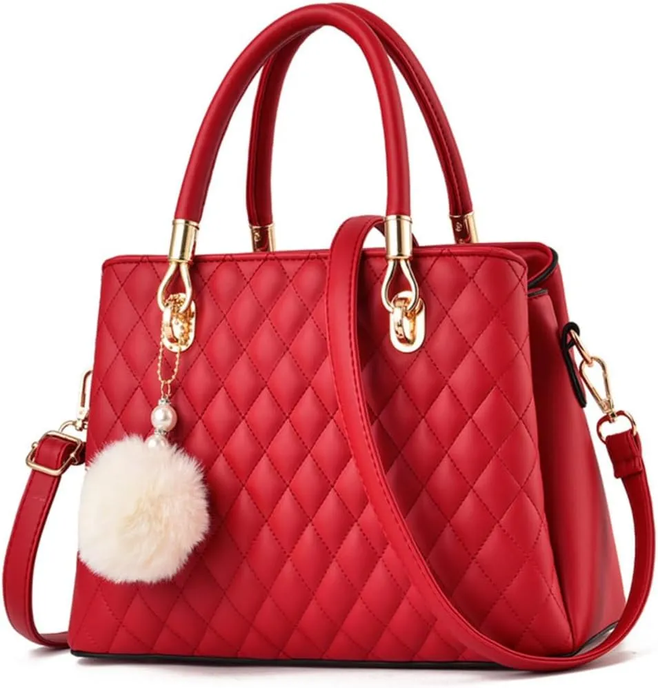 Xehuro Womens Minimalist Leather Handbag Shoulder Bag Satchel Bag Diamond Pattern Top Handle Bag for Women with Pompom