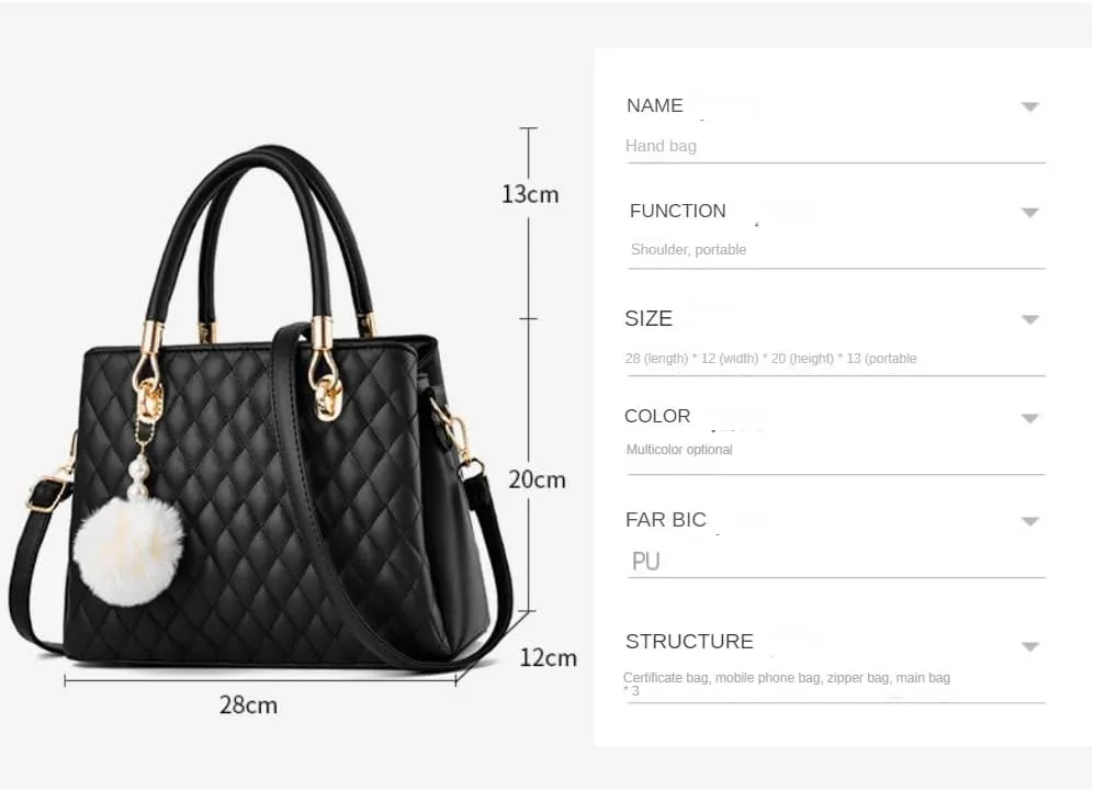 Xehuro Womens Minimalist Leather Handbag Shoulder Bag Satchel Bag Diamond Pattern Top Handle Bag for Women with Pompom