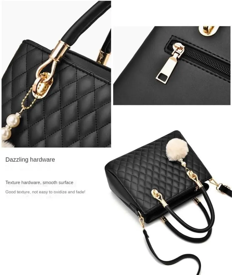 Xehuro Womens Minimalist Leather Handbag Shoulder Bag Satchel Bag Diamond Pattern Top Handle Bag for Women with Pompom