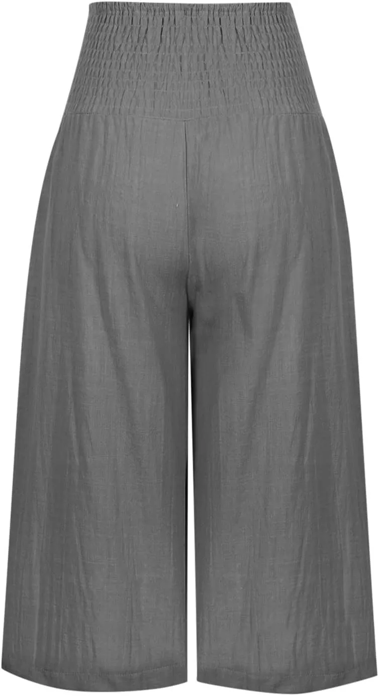 Xiaojmake Womens Linen Capri Pants Casual Cropped Pants Elastic Waist Summer Trousers 3/4 Length Sports Pants with Pockets